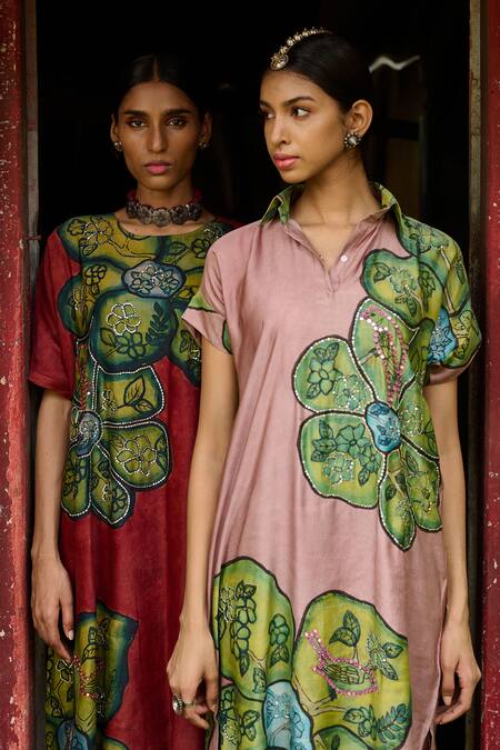 Buy_Aamra By Lavanya_Pink Cotton, Silk Embroidery, Sandrose Kalamkari Floral Shirt Kurta With Pant
