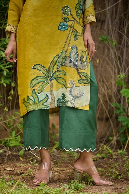 Shop_Aamra By Lavanya_Yellow Cotton, Silk Sequins Round Neck Kalamkari Swinging Birds Kurta With Pant_Online_at_Aza_Fashions