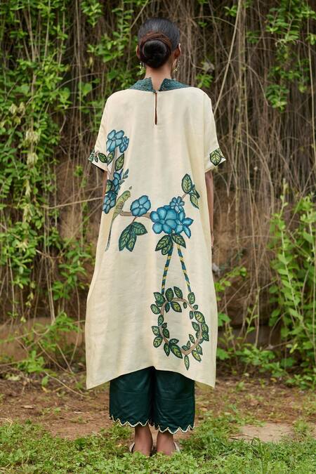 Shop Aamra By Lavanya Ivory Cotton, Silk Sequins V-neck Kalamkari Parrot Kurta And Pant Set at Aza Fashions Shop_Aamra By Lavanya_Ivory Cotton, Silk Sequins V-neck Kalamkari Parrot Kurta And Pant Set_at_Aza_Fashions