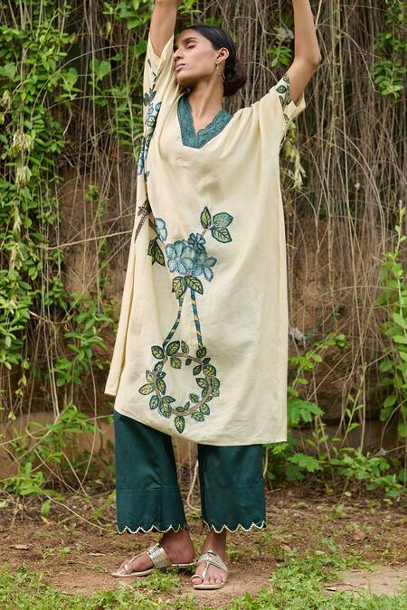 Aamra By Lavanya Ivory Cotton, Silk Sequins V-neck Kalamkari Parrot Kurta And Pant Set at Aza Fashions Aamra By Lavanya_Ivory Cotton, Silk Sequins V-neck Kalamkari Parrot Kurta And Pant Set_at_Aza_Fashions