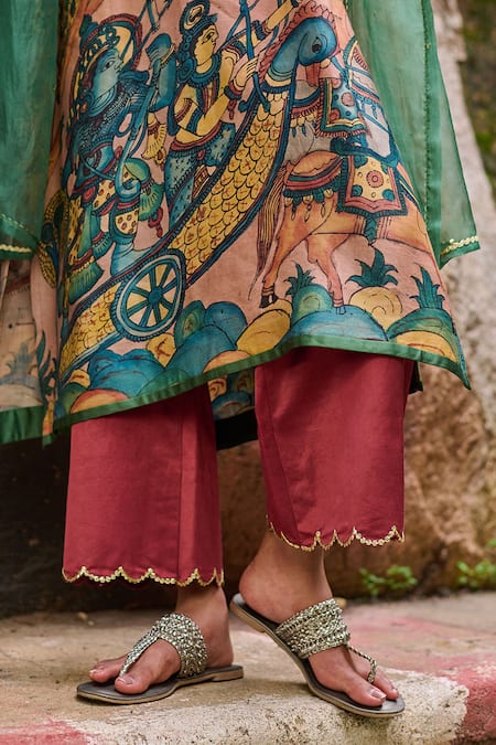 Buy_Aamra By Lavanya_Maroon Cotton, Silk Sequins, Embroidery V-neck Sena Kalamkari Kurta Set 