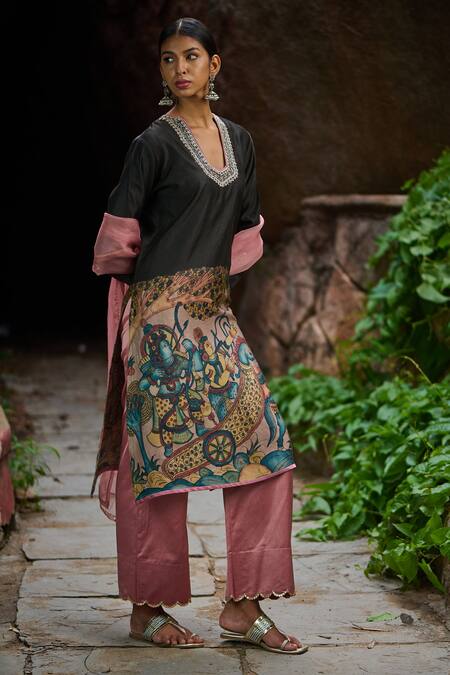 Shop Aamra By Lavanya Black Cotton, Silk, Linen Sequins, Embroidery Noir Sena Kalamkari Kurta Set Online at Aza Fashions Shop_Aamra By Lavanya_Black Cotton, Silk, Linen Sequins, Embroidery Noir Sena Kalamkari Kurta Set_Online_at_Aza_Fashions