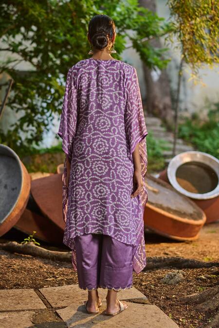 Shop Aamra By Lavanya Purple Georgette Sequins, Mirrors, Embroidery Bandhani Print Kaftan And Pant Set at Aza Fashions Shop_Aamra By Lavanya_Purple Georgette Sequins, Mirrors, Embroidery Bandhani Print Kaftan And Pant Set_at_Aza_Fashions