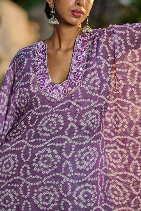 Buy Aamra By Lavanya Purple Georgette Sequins, Mirrors, Embroidery Bandhani Print Kaftan And Pant Set Online at Aza Fashions Buy_Aamra By Lavanya_Purple Georgette Sequins, Mirrors, Embroidery Bandhani Print Kaftan And Pant Set_Online_at_Aza_Fashions