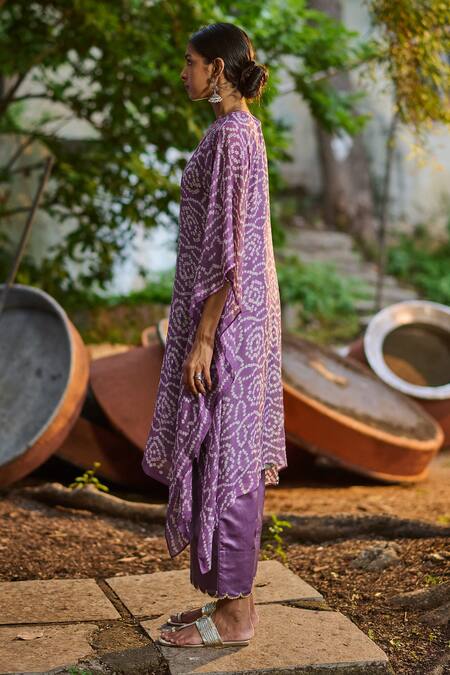Shop Aamra By Lavanya Purple Georgette Sequins, Mirrors, Embroidery Bandhani Print Kaftan And Pant Set Online at Aza Fashions Shop_Aamra By Lavanya_Purple Georgette Sequins, Mirrors, Embroidery Bandhani Print Kaftan And Pant Set_Online_at_Aza_Fashions