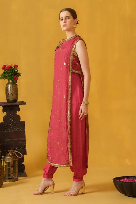 Buy_Abstract By Megha Jain Madaan_Pink , Cotton, Organza Floral Embellished Kurta And Jogger Pant Set _Online_at_Aza_Fashions