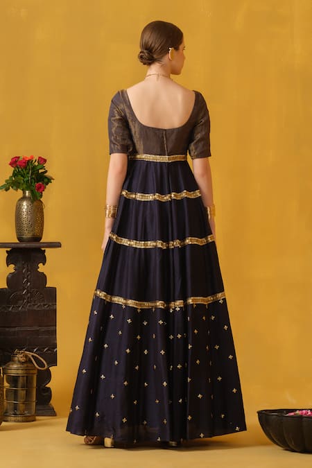 Shop_Abstract By Megha Jain Madaan_Blue Kota Doria, Cotton, Silk Embroidery, Metallic Floral Embellished Anarkali _at_Aza_Fashions