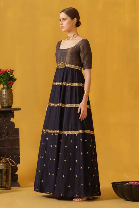 Buy_Abstract By Megha Jain Madaan_Blue Kota Doria, Cotton, Silk Embroidery, Metallic Floral Embellished Anarkali _Online_at_Aza_Fashions