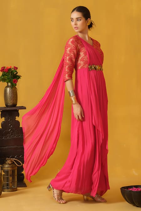 Shop_Abstract By Megha Jain Madaan_Pink Brocade, Jersey, Chiffon Embroidery, Metallic Thread Floral Woven Kurta _at_Aza_Fashions