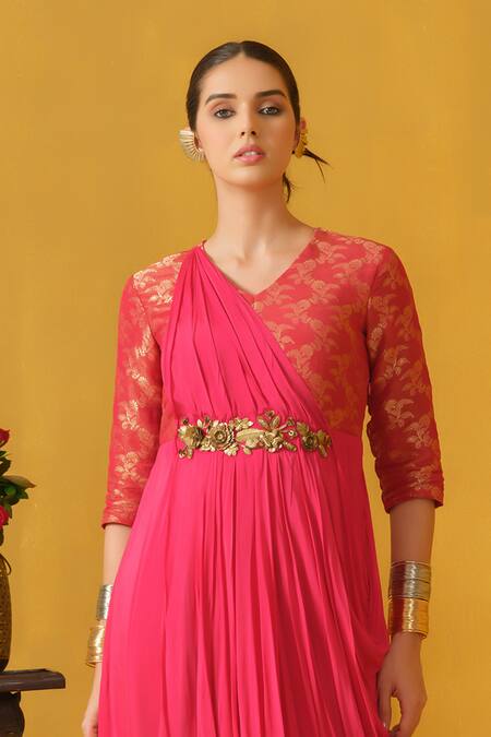 Abstract By Megha Jain Madaan Pink Brocade, Jersey, Chiffon Embroidery, Metallic Thread Floral Woven Kurta Online at Aza Fashions Abstract By Megha Jain Madaan_Pink Brocade, Jersey, Chiffon Embroidery, Metallic Thread Floral Woven Kurta _Online_at_Aza_Fashions