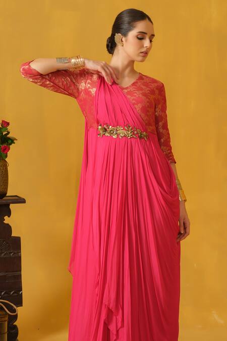 Shop_Abstract By Megha Jain Madaan_Pink Brocade, Jersey, Chiffon Embroidery, Metallic Thread Floral Woven Kurta _Online_at_Aza_Fashions