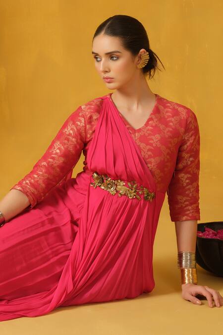 Abstract By Megha Jain Madaan_Pink Brocade, Jersey, Chiffon Embroidery, Metallic Thread Floral Woven Kurta _at_Aza_Fashions