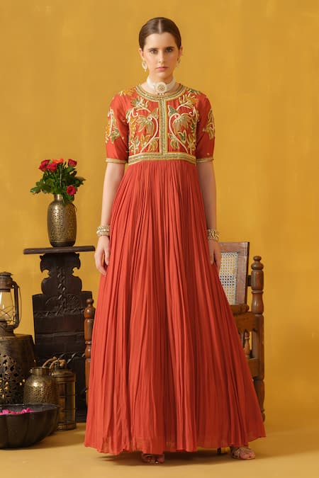 ABSTRACT BY MEGHA JAIN MADAAN Orange Raw Silk Embellished Floral Applique Round Neck Anarkali 