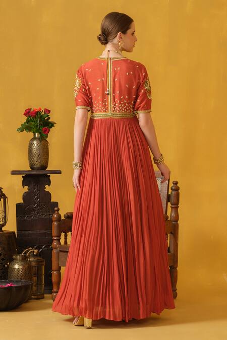 Shop_Abstract By Megha Jain Madaan_Orange Chiffon, Cotton, Silk Beads, Sequins, Floral Embellished Anarkali _at_Aza_Fashions