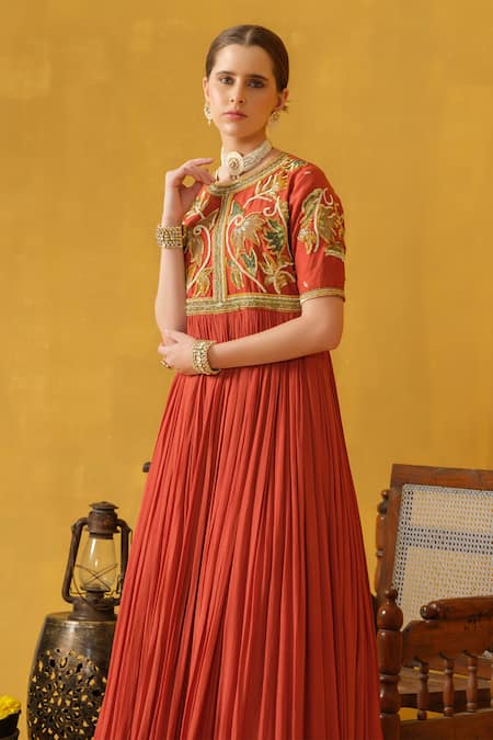 Buy_Abstract By Megha Jain Madaan_Orange Chiffon, Cotton, Silk Beads, Sequins, Floral Embellished Anarkali _Online_at_Aza_Fashions