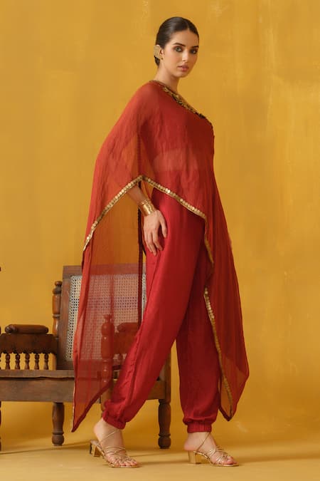 ABSTRACT BY MEGHA JAIN MADAAN Red Silk Embellished Floral Applique Border Draped Crop Top And Jogger Pant Set 