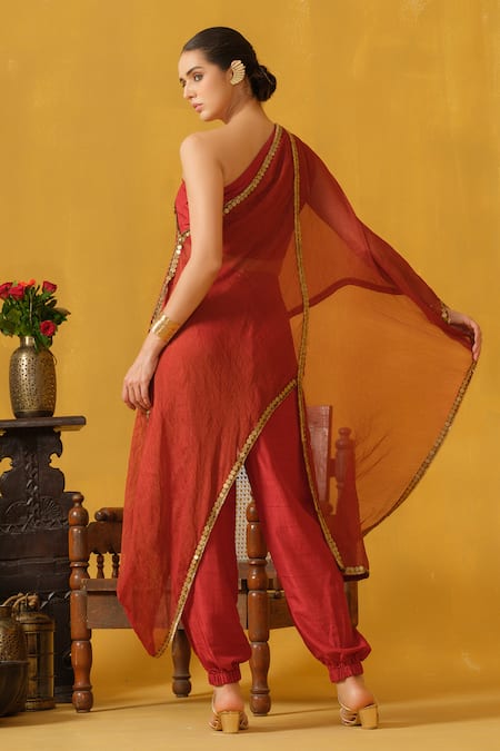 Shop_Abstract By Megha Jain Madaan_Red Silk, Tissue, Cotton Border Embellished Draped Crop Top And Jogger Pant Set _at_Aza_Fashions