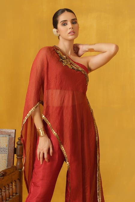 Abstract By Megha Jain Madaan_Red Silk, Tissue, Cotton Border Embellished Draped Crop Top And Jogger Pant Set _Online_at_Aza_Fashions