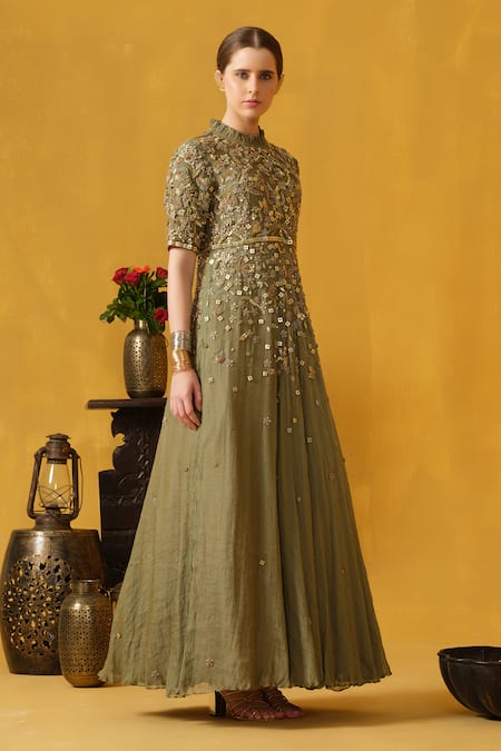 ABSTRACT BY MEGHA JAIN MADAAN Green Tissue Embellished Flower Round High Neck Sequin Gown 