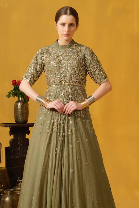 Abstract By Megha Jain Madaan_Green Tissue, Cotton Sequins, Beads, Embroidery Round Neck Embellished Gown _Online_at_Aza_Fashions