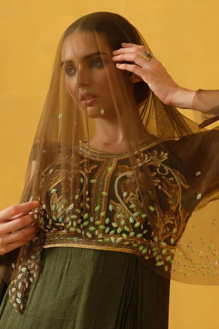 Buy_Abstract By Megha Jain Madaan_Green Silk, Cotton, Tulle Embroidery, Sequins, Floral Embellished Kurta _Online_at_Aza_Fashions