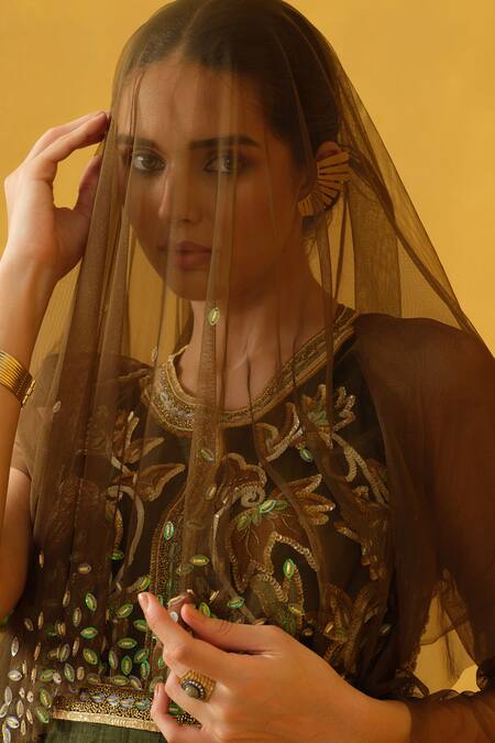 Shop_Abstract By Megha Jain Madaan_Green Silk, Cotton, Tulle Embroidery, Sequins, Floral Embellished Kurta _Online_at_Aza_Fashions