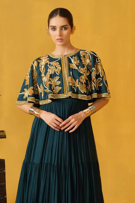 Abstract By Megha Jain Madaan Tiered Dress With Embellished Cape 