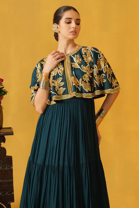 Abstract By Megha Jain Madaan_Green Silk, Chiffon, Cotton Embroidery Round Tiered Dress With Embellished Cape _Online_at_Aza_Fashions