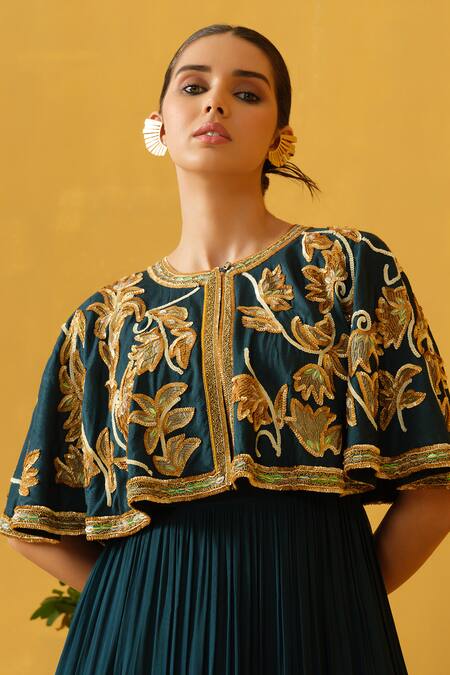 Buy_Abstract By Megha Jain Madaan_Green Silk, Chiffon, Cotton Embroidery Round Tiered Dress With Embellished Cape _Online_at_Aza_Fashions