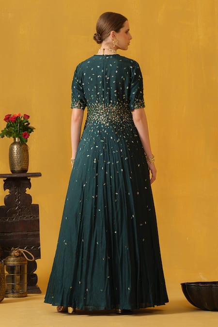 Shop_Abstract By Megha Jain Madaan_Green Silk, Cotton Beads, Sequins, Applique Round Leaf Embellished Anarkali _at_Aza_Fashions