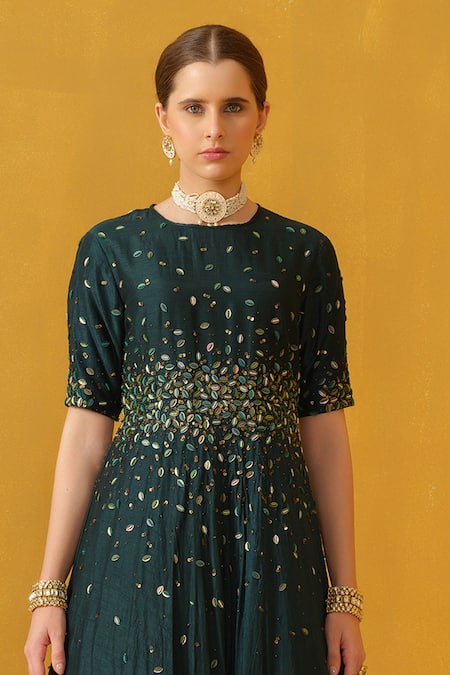 Abstract By Megha Jain Madaan_Green Silk, Cotton Beads, Sequins, Applique Round Leaf Embellished Anarkali _Online_at_Aza_Fashions