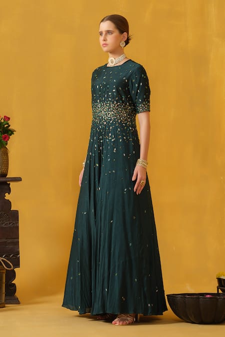 Buy_Abstract By Megha Jain Madaan_Green Silk, Cotton Beads, Sequins, Applique Round Leaf Embellished Anarkali _Online_at_Aza_Fashions