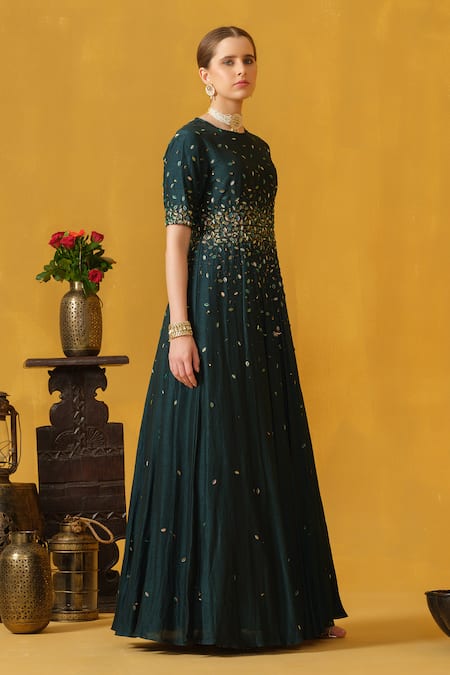 Shop_Abstract By Megha Jain Madaan_Green Silk, Cotton Beads, Sequins, Applique Round Leaf Embellished Anarkali _Online_at_Aza_Fashions