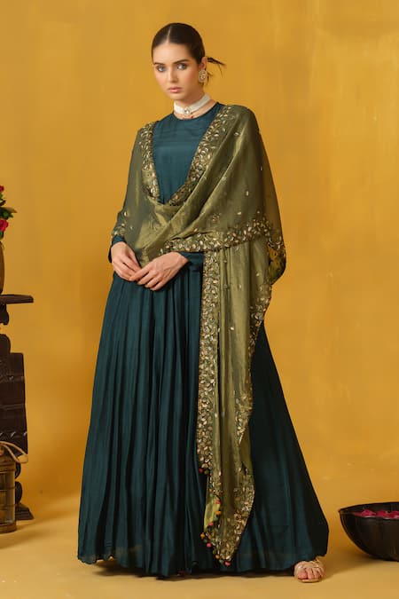 ABSTRACT BY MEGHA JAIN MADAAN Green Tissue Embellished Leaf Applique Round Work Anarkali 