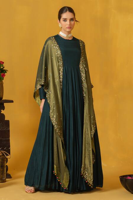 Abstract By Megha Jain Madaan_Green Silk, Tissue, Cotton Sequins, Beads Round Neck Leaf Applique Work Anarkali _Online_at_Aza_Fashions