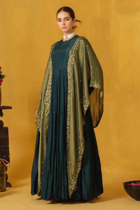Shop_Abstract By Megha Jain Madaan_Green Silk, Tissue, Cotton Sequins, Beads Round Neck Leaf Applique Work Anarkali _Online_at_Aza_Fashions