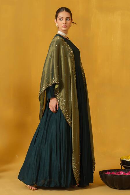 Abstract By Megha Jain Madaan_Green Silk, Tissue, Cotton Sequins, Beads Round Neck Leaf Applique Work Anarkali _at_Aza_Fashions