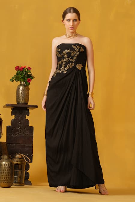 ABSTRACT BY MEGHA JAIN MADAAN Black Raw Silk Embellished Pipe Straight Neck Floral Brooch Draped Dress 