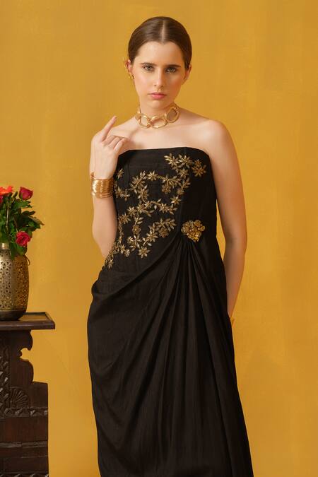 Abstract By Megha Jain Madaan_Black Jersey, Cotton, Silk Embroidery, Floral Brooch Embellished Draped Dress _Online_at_Aza_Fashions