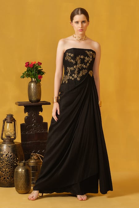 Buy_Abstract By Megha Jain Madaan_Black Jersey, Cotton, Silk Embroidery, Floral Brooch Embellished Draped Dress _Online_at_Aza_Fashions