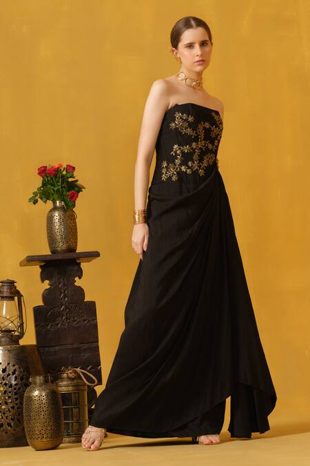 Shop_Abstract By Megha Jain Madaan_Black Jersey, Cotton, Silk Embroidery, Floral Brooch Embellished Draped Dress _Online_at_Aza_Fashions