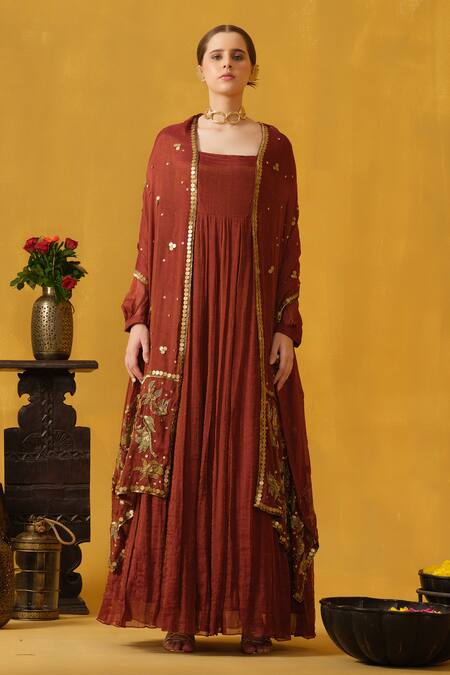 Abstract By Megha Jain Madaan_Red Tissue, Cotton Sequins, Beads, Applique Square Neck Embroidered Anarkali _Online_at_Aza_Fashions