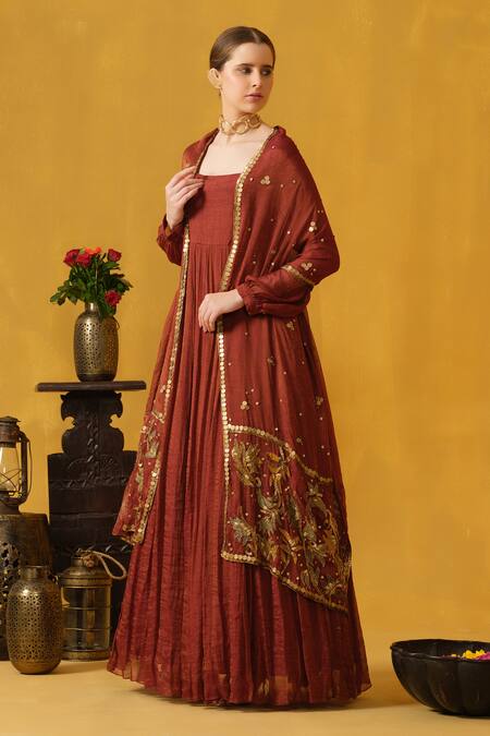 Shop_Abstract By Megha Jain Madaan_Red Tissue, Cotton Sequins, Beads, Applique Square Neck Embroidered Anarkali _Online_at_Aza_Fashions