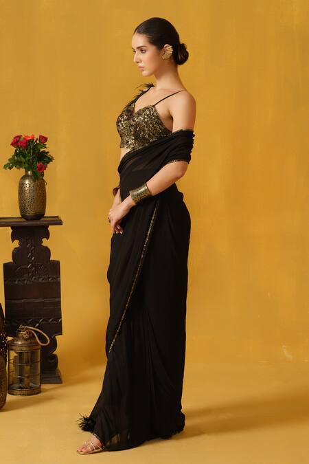 Abstract By Megha Jain Madaan_Black Cotton, Jersey, Chiffon Sequins, Pre-draped Saree With Embellished Blouse _Online_at_Aza_Fashions