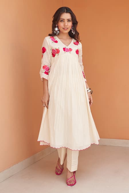 Shop_Samatvam By Anjali Bhaskar_Cream Cotton, Muslin Embroidery, Tassels Laila Floral Gathered Kurta And Pant Set _Online_at_Aza_Fashions