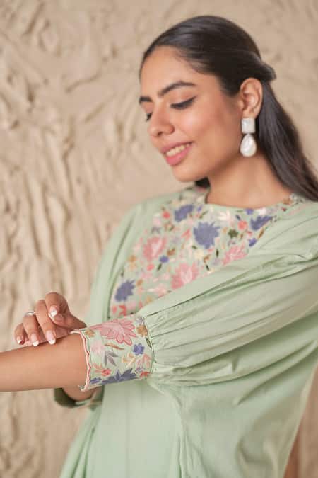 Shop Samatvam By Anjali Bhaskar Green Muslin, Cotton Embroidery Round Neck Maya Floral Kurta With Pleated Pant Online at Aza Fashions Shop_Samatvam By Anjali Bhaskar_Green Muslin, Cotton Embroidery Round Neck Maya Floral Kurta With Pleated Pant _Online_at_Aza_Fashions