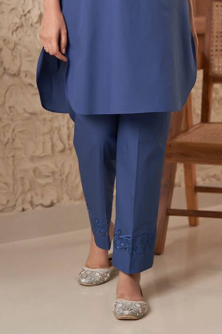 Samatvam By Anjali Bhaskar_Blue Cotton, Poplin Embroidery, Cut Navya Floral Thread Yoke Kurta With Pant _Online_at_Aza_Fashions