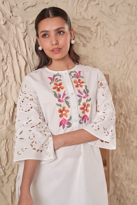 Samatvam By Anjali Bhaskar_Ivory Cotton Embroidery, Cut Work Round Navya Floral Thread Kurta With Pant _Online_at_Aza_Fashions