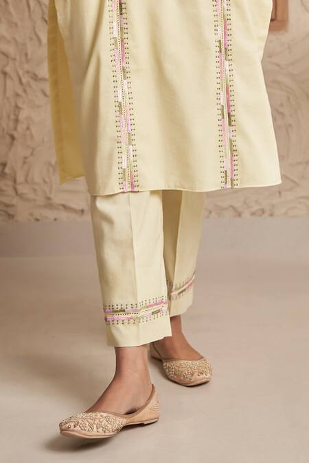 Shop_Samatvam By Anjali Bhaskar_Yellow Cotton Embroidery, Lace Round Neck Rana Floral Straight Kurta And Pant Set _Online_at_Aza_Fashions