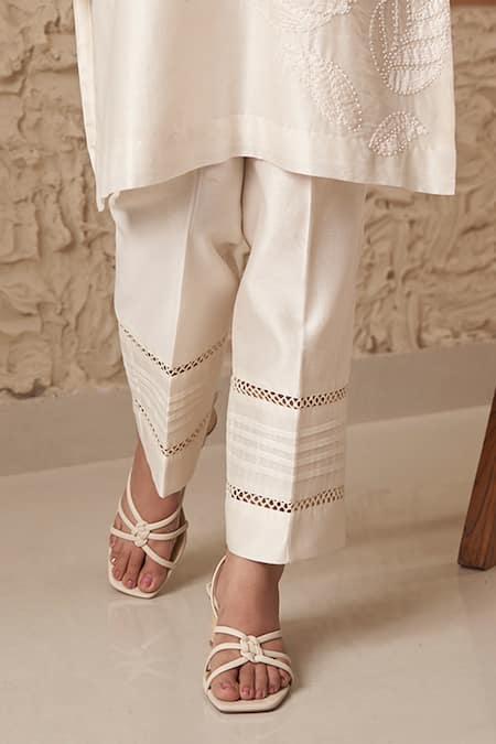 Buy Samatvam By Anjali Bhaskar Ivory Chanderi Embroidery, Lace Round Sahar Thread Straight Kurta And Pant Set Online at Aza Fashions Buy_Samatvam By Anjali Bhaskar_Ivory Chanderi Embroidery, Lace Round Sahar Thread Straight Kurta And Pant Set _Online_at_Aza_Fashions